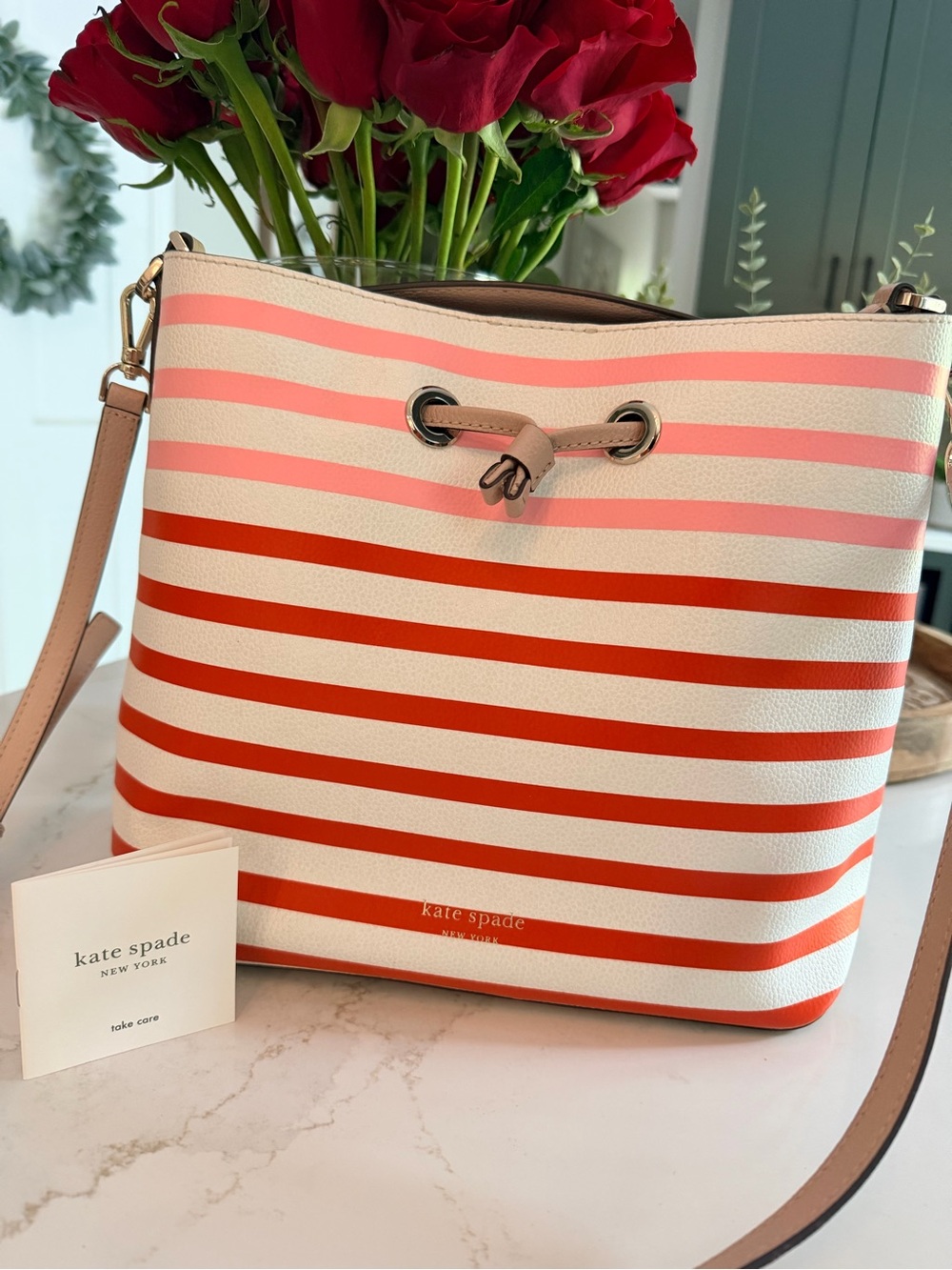 kate spade Pink, Cream and Red Striped Crossbody Bag